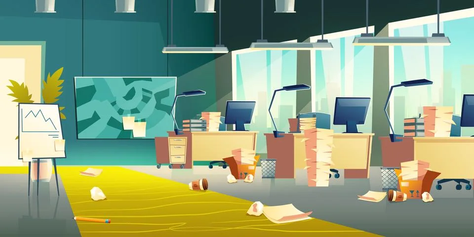 Dirty office interior, empty work place, garbage Illustrazione stock
