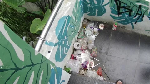 Dirty Pedestrian Crossing Bridge with Trash Dump Stock Footage 218628053