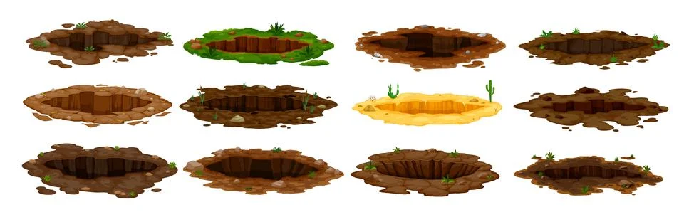 Dirty pits and burrows, deep ground holes in earth Stock Illustration
