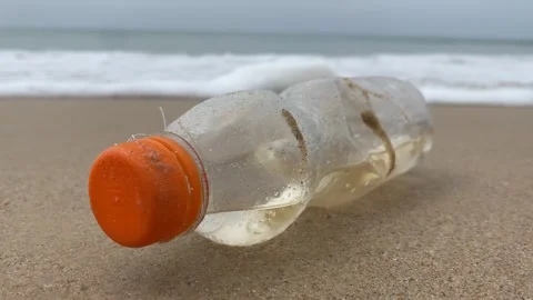 Dirty plastic bottle washed up on the beach Stock Footage 277608271