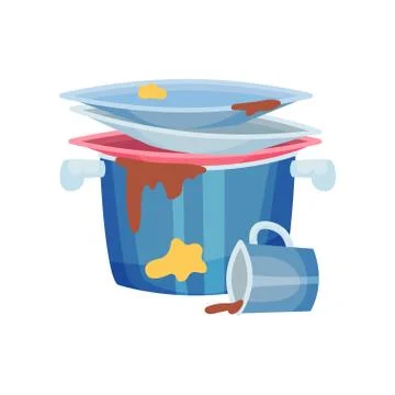 Dirty plates in the pan. Vector illustration on white background. Illustrazione stock