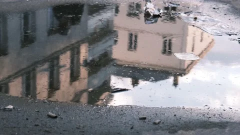 Dirty puddle in Paris with reflection of pedestrian and bike, slow motion 스톡 동영상 151237310