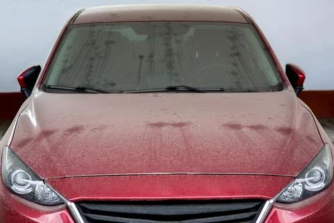 Dirty red car windshield wipers covered with a layer of dust. Stock Photos