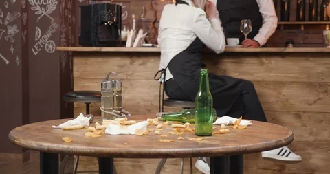 Dirty restaurant table after a busy day Stock Footage 104867059
