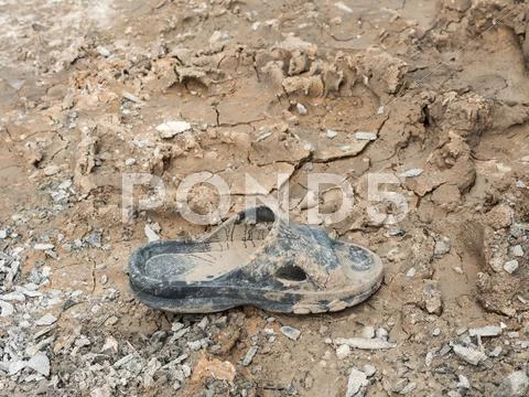 Dirty rubber shoe with the dry mud. Stock Photos