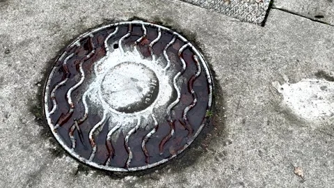 A dirty rusty iron hatch with a pattern is located next to dry grass during the Stock Footage 316421896