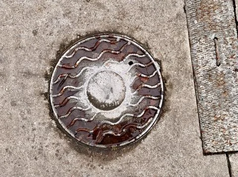 A dirty rusty iron hatch with a pattern is located next to dry grass during the Stock Photos