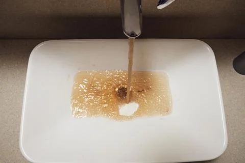 Dirty rusty water flows from chrome faucet into white ceramic sink. Brown con Stock Photos