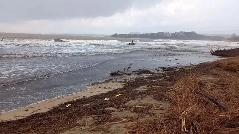 Dirty sea, heaps of garbage on sandy shore, pollution, environmental problem Stock Footage 251584856