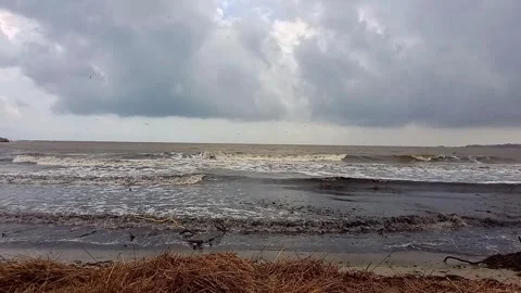 Dirty sea, heaps of garbage on sandy shore, pollution, environmental problem Stock Footage 251584940