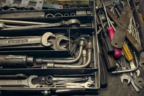 Dirty set of hand tools Stock Photos