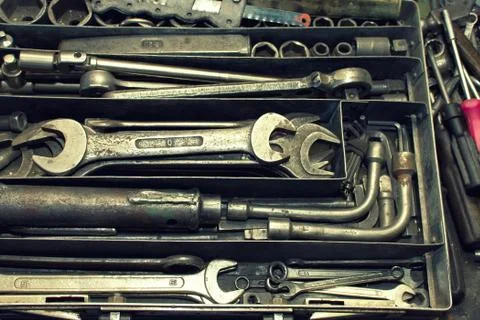 Dirty set of hand tools Stock Photos