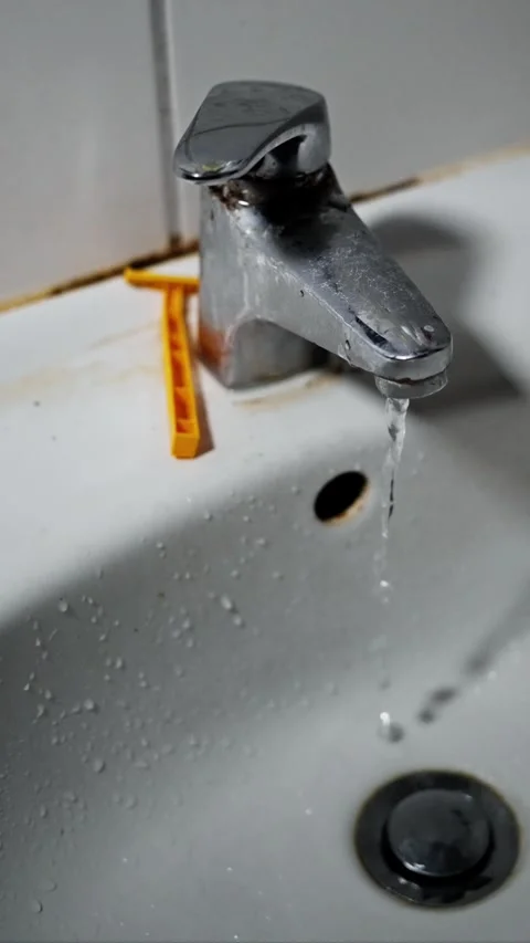 A dirty sink with a disposable razor falling into it, close-up, slow motion Stock Footage 323308694