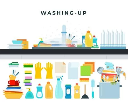 Dirty sink with kitchenware and set unwashed dishes vector illustration in flat Stock Illustration