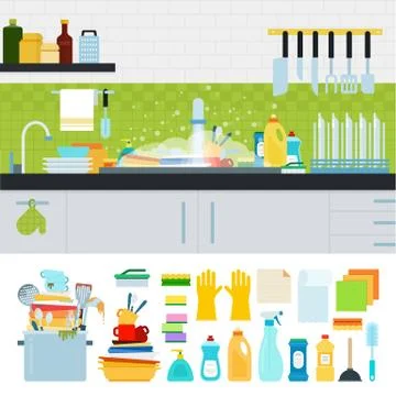 Dirty sink with kitchenware Stock Illustration