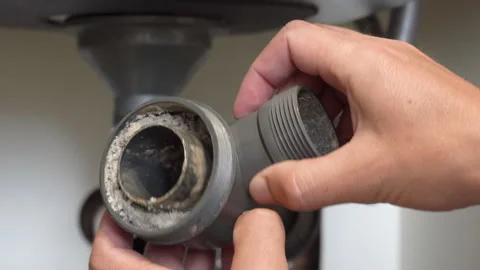 A dirty siphon in the hands of a plumber Stock Footage 250628316