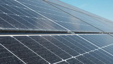 Dirty solar panels needing maintenance at renewable power farm closeup Stock Footage 334318582