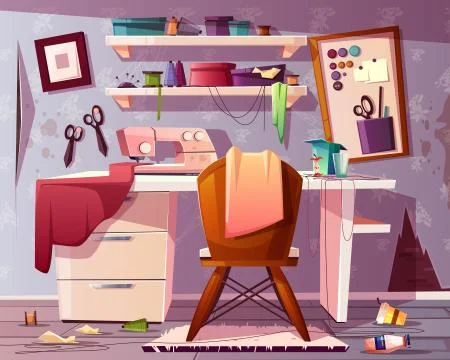 Dirty tailor room. Mess in studio. Stock-Illustration