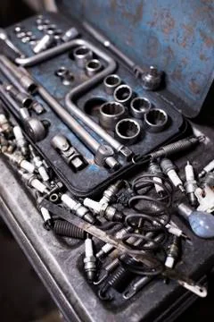 Dirty Tools in workshop close up image Stock Photos