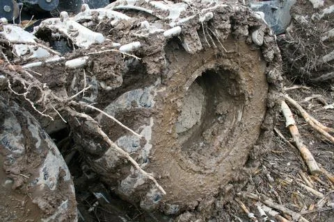 Dirty tractor tracks, work in the forest, wet soil Stock Photos