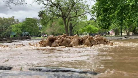 Dirty water bubbling out of a storm drain after heavy rain Stock Footage 254733447