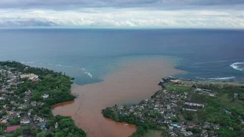 Dirty water flows into the ocean through a river. Pollution of the environment Stock Footage 168163429