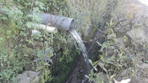 Dirty water flows from the pipe into the sewer Stock Footage 233943224