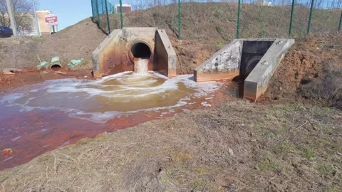Dirty water flows from pipe sewer and sewerage toxic waste ecology concept Stock Footage 243121827