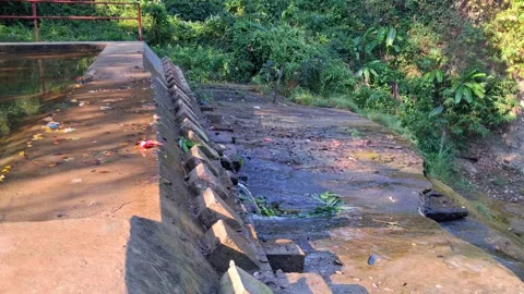 Dirty water stream flowing through concrete channel near green forest Vídeo Stock 331655969