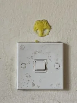 Dirty white light switch with yellow foam residue on wall close-up Foto stock