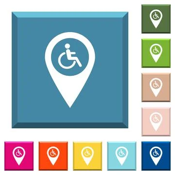 Disability accessibility GPS map location white icons on edged square buttons Stock Illustration