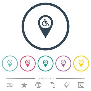 Disability accessibility GPS map location flat color icons in round outlines Stock Illustration