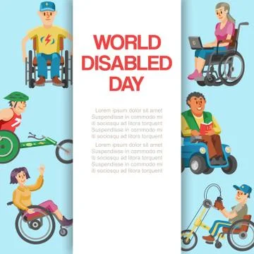 Disability flat world day, vector illustration. Disabled people character in Stock Illustration
