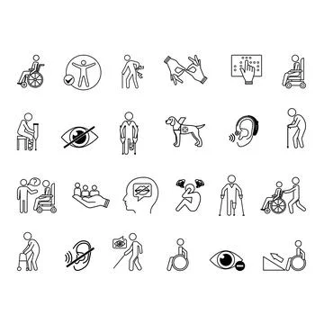 Disability Icon Set. Vector Illustrations Wheelchair, Crutches, Blindness, .. イラスト素材