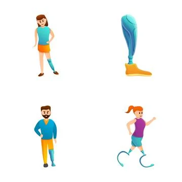Disability icons set cartoon vector. Human with prosthesis play sport Illustrazione stock