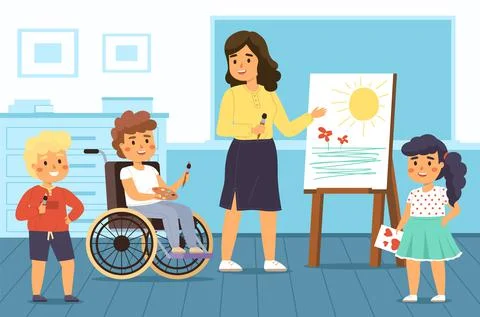Disability kids school. Educational projects. Children with disabilities study 스톡 일러스트