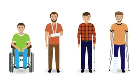 Disability people. Group of four invalid men isolated on a white background. Stock Illustration