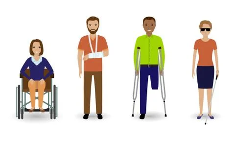 Disability people. Group of invalid men and women isolated on a white backgro Stock Illustration