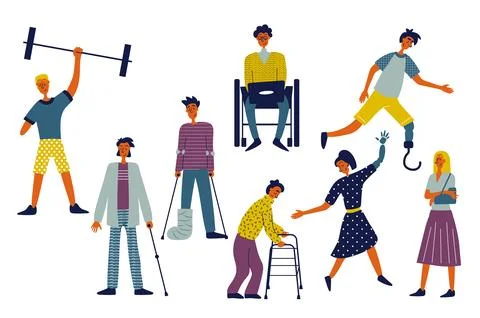 Disability people set in flat character design for web. Bundle persons of d.. Stock Illustration