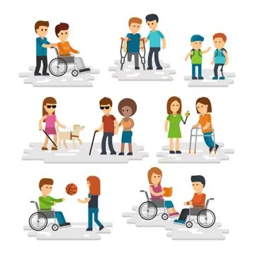 Disability person vector flat. Young disabled people and friends helping them Stock Illustration