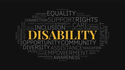 Disability Support and Inclusion Word Cloud Typography Design on Dark Backg.. Stock-Illustration