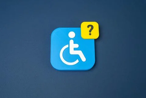Disability symbol and question mark. Uncertain status approval and FAQ on f.. Stock Photos