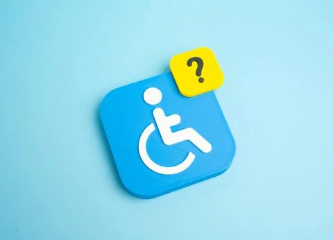 A disability symbol and a question mark. Explanation of rights and rules, b.. 스톡 사진