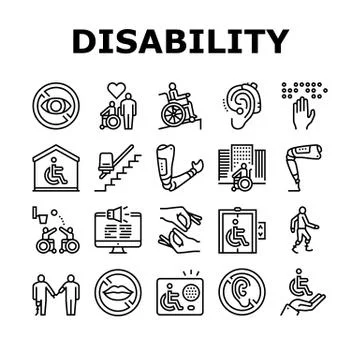 Disability Technology Collection Icons Set Vector Illustrazione stock