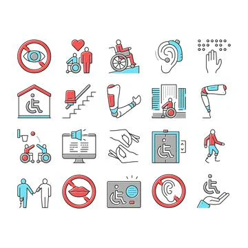 Disability Technology Collection Icons Set Vector . Illustrazione stock