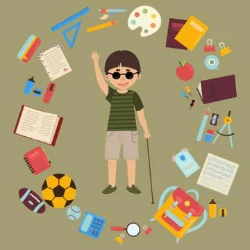 Disabled blind schoolboy with cane and school supplies Stock Illustration