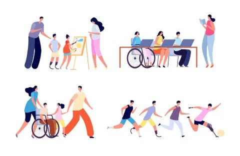 Disabled children. Disability activity, young girl in wheelchair at school Illustrazione stock