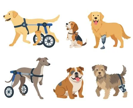 Disabled dogs mobility aids each displaying different assistive devices Иллюстрация