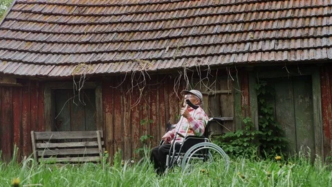 Disabled Elderly Man On Crutches Stock Footage 75531736