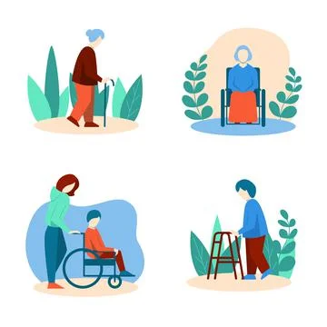 Disabled elderly people set in flat style Stock Illustration